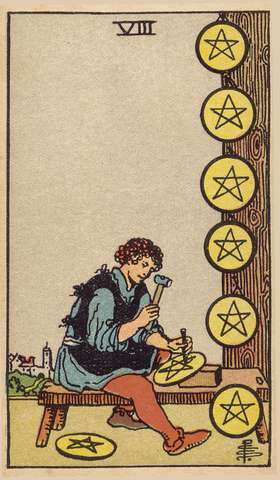 Eight of Pentacles tarot card from the Rider–Waite Tarot Deck