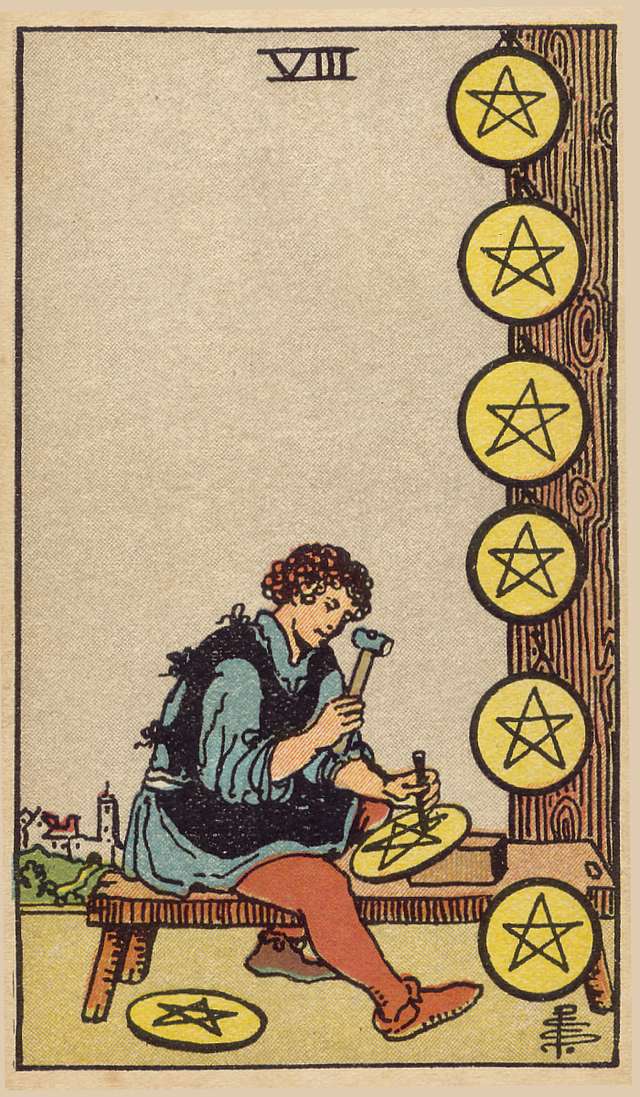 Eight of Pentacles tarot card from the Rider–Waite Tarot Deck