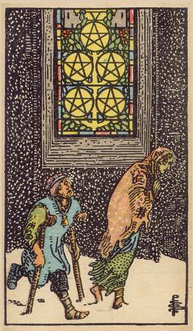 Five of Pentacles tarot card from the Rider–Waite Tarot Deck