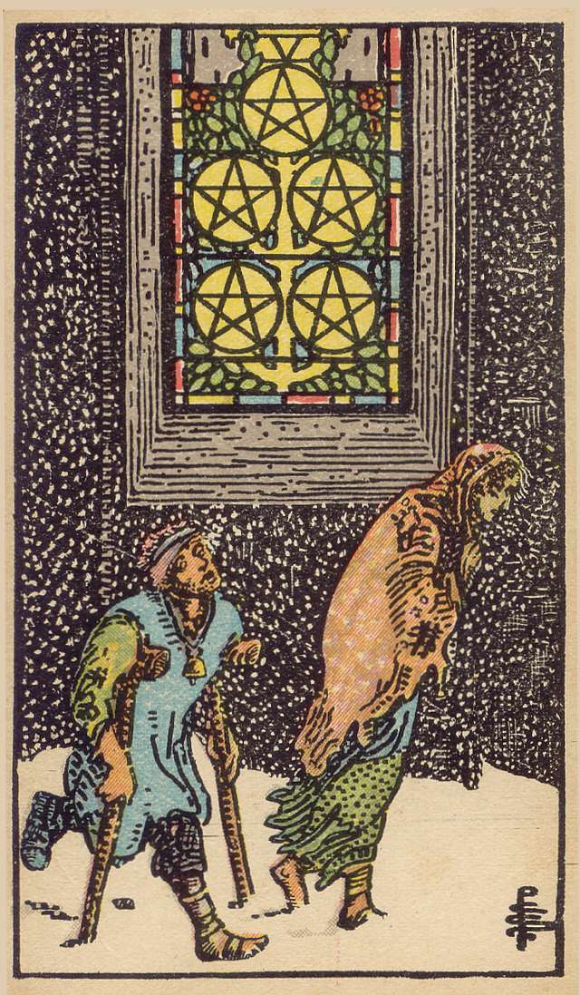 Five of Pentacles tarot card from the Rider–Waite Tarot Deck