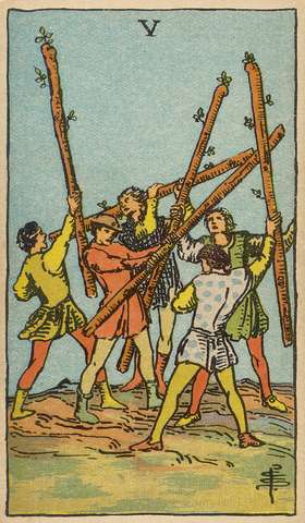 Five of Wands tarot card from the Rider–Waite Tarot Deck