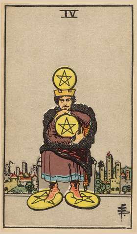 Four of Pentacles tarot card from the Rider–Waite Tarot Deck