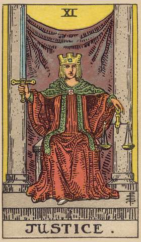 Justice tarot card from the Rider–Waite Tarot Deck