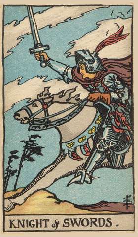 Knight of Swords tarot card from the Rider–Waite Tarot Deck