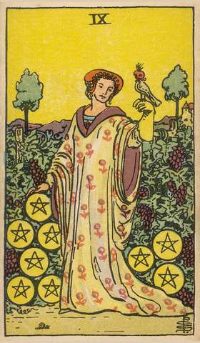 Nine of Pentacles tarot card from the Rider–Waite Tarot Deck