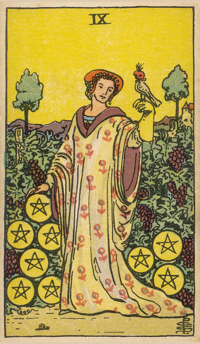 Nine of Pentacles tarot card from the Rider–Waite Tarot Deck