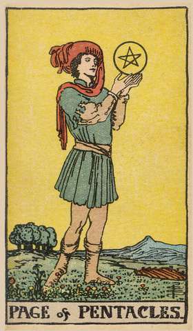 Page of Pentacles tarot card from the Rider–Waite Tarot Deck