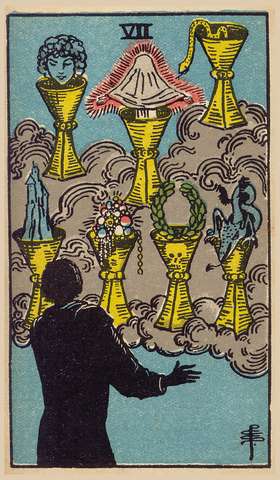 Seven of Cups tarot card from the Rider–Waite Tarot Deck