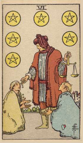 Six of Pentacles tarot card from the Rider–Waite Tarot Deck