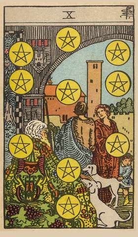 Ten of Pentacles tarot card from the Rider–Waite Tarot Deck