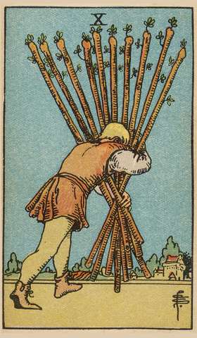 Ten of Wands tarot card from the Rider–Waite Tarot Deck