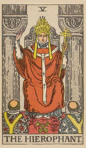 The Hierophant tarot card from the Rider–Waite Tarot Deck