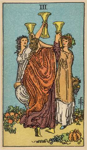 Three of Cups tarot card from the Rider–Waite Tarot Deck