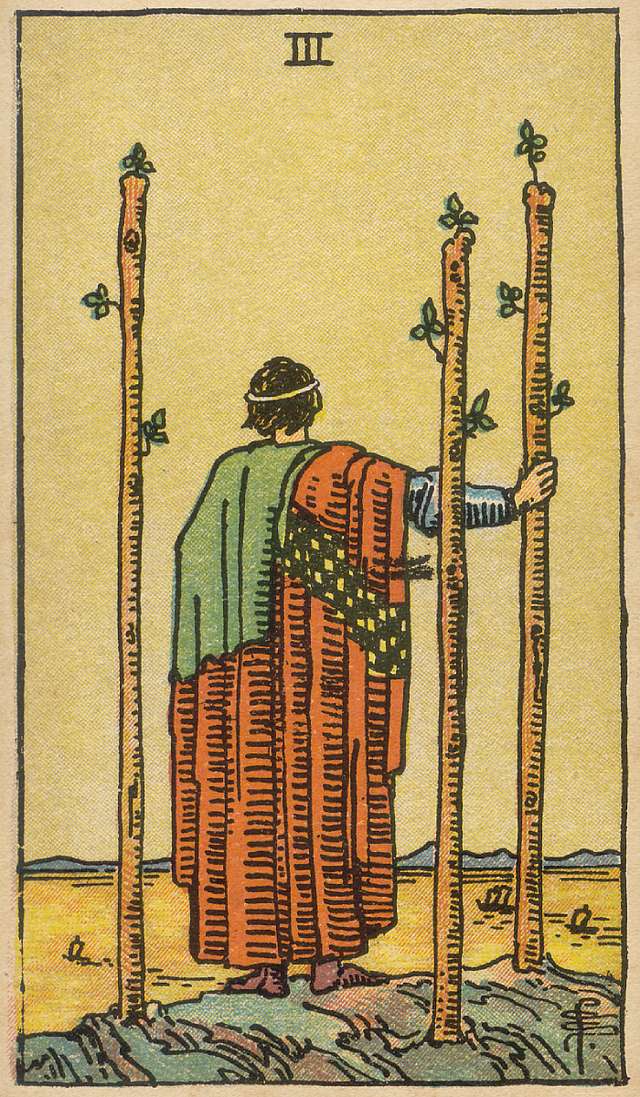 Three of Wands tarot card from the Rider–Waite Tarot Deck