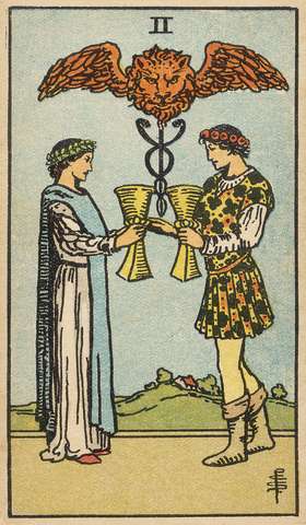 Two of Cups tarot card from the Rider–Waite Tarot Deck