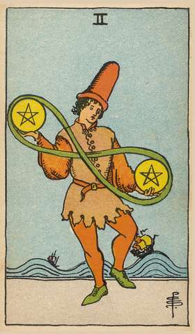 Two of Pentacles tarot card from the Rider–Waite Tarot Deck
